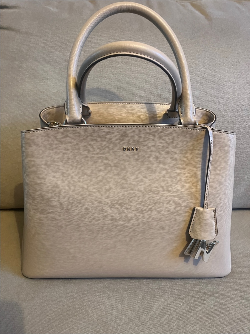 DKNY Beige Taupe Leather Satchel with removable Bow Charm